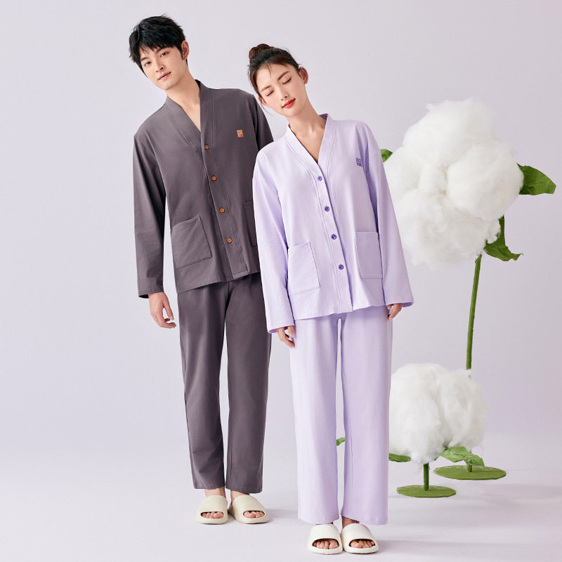 日系cherrykoko睡衣情侣棉家居服春秋女款带胸垫长袖开衫薄款色男