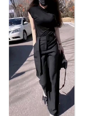 日系coss koko夏季新款黑色修身打底衫高腰直筒长裤显瘦女