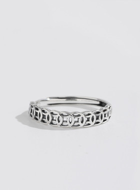 日系coss koko铜钱戒指女s925银复古风个性招财钱币手饰国风开口