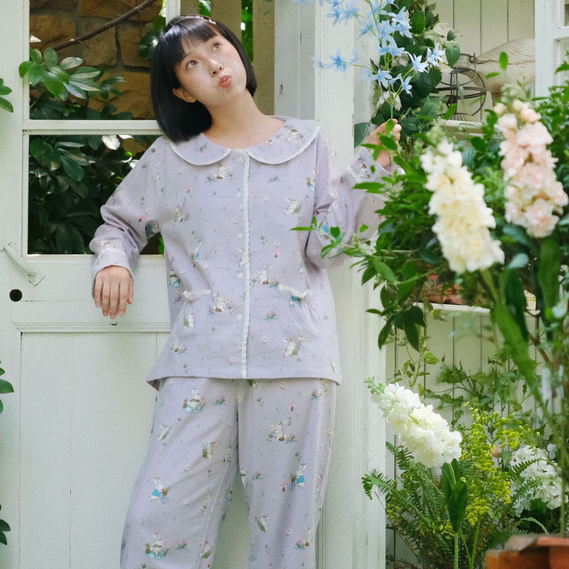 日系cherrykoko甜美少女韩系素雅磨毛棉女春秋睡衣新款长袖长裤