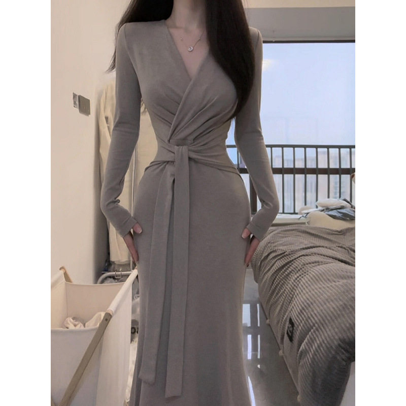 日系cherrykokov领绑带长袖连衣裙子女秋装修身显瘦气质长裙包臀