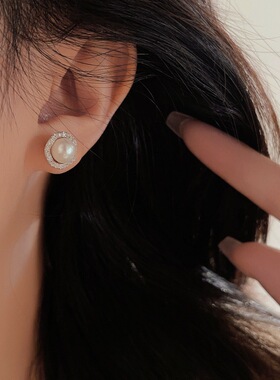 日系coss kokos925银经典淡水珍珠耳钉女简约百搭气质镶锆石耳饰