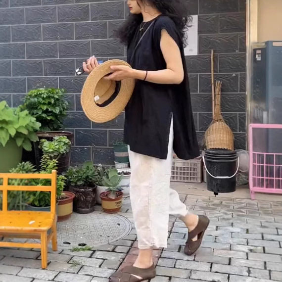 日系coss koko夏季新款无袖宽松竖条纹上衣简约哈伦裤女潮