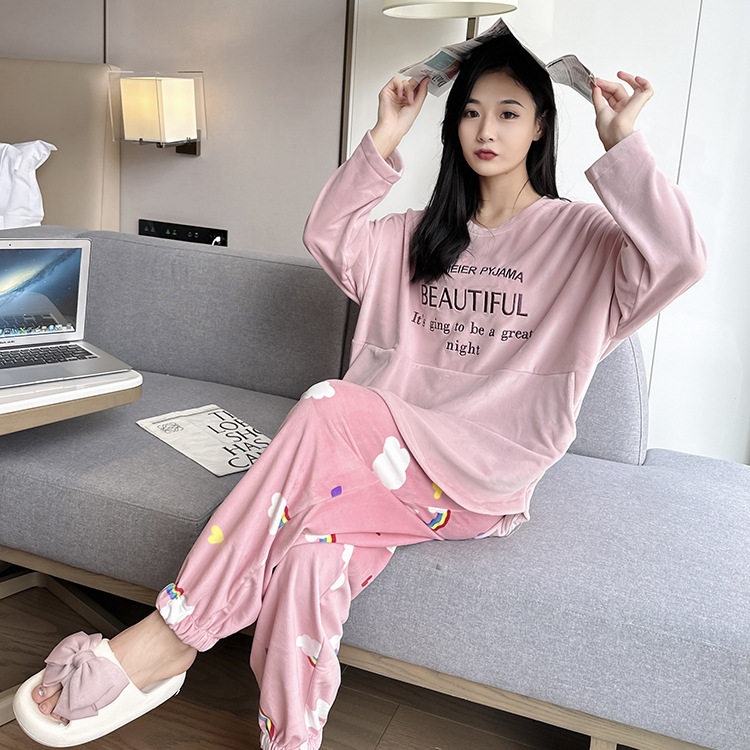 日系CherryKoko秋冬新款大码睡衣女士双面绒加大加肥家居服舒适