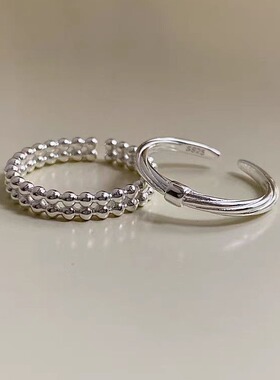 日系coss kokos925银双层圆珠戒指女简约时尚个性麻花开口戒高级