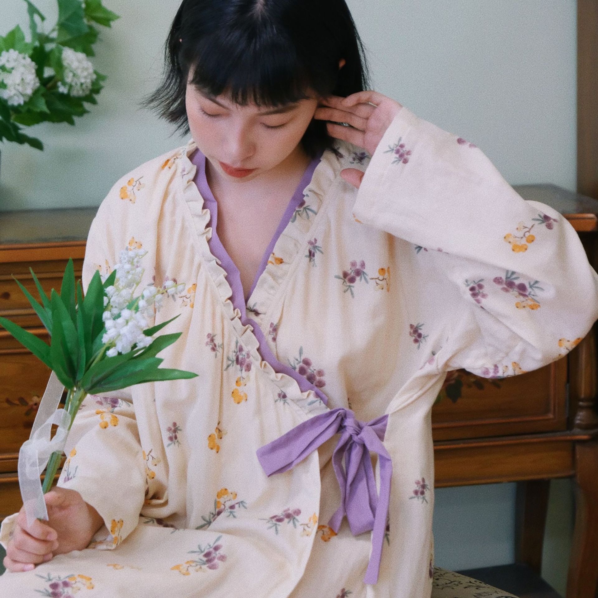 李佳琪推荐新款国风睡袍浴袍女春秋天长袖家居服外袍高级感棉睡