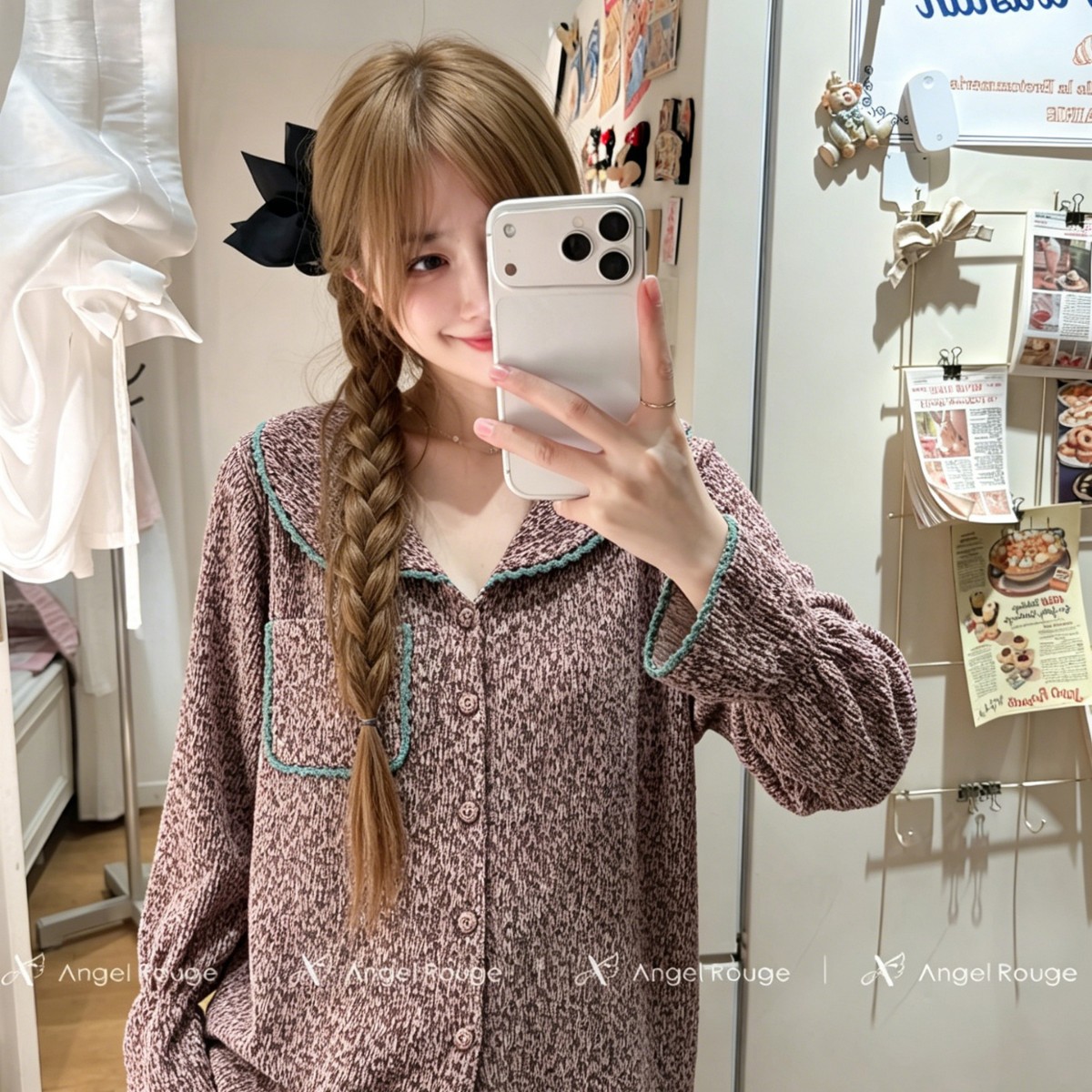 日系cherrykoko天使觅睡衣82051 时尚舒适保暖丽丝绒家居服套装小
