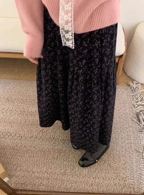 日本george melis法式复古磨毛蓝紫色碎花松紧腰半身裙秋冬款A