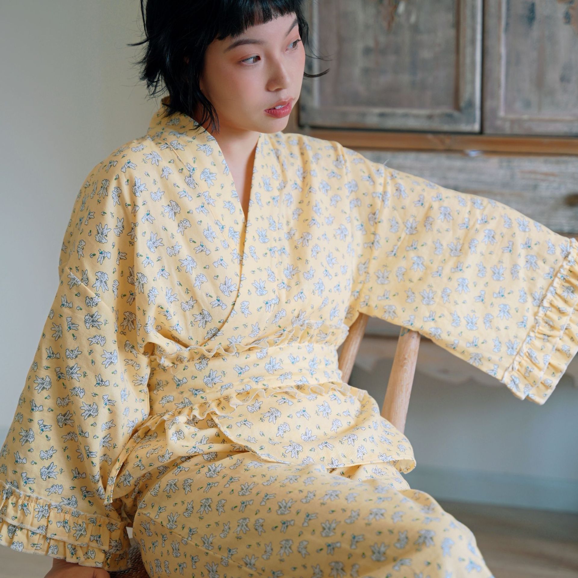 日系cherrykoko国风汉服可拆卸收腰浴衣套装家居服长袖和服a类棉