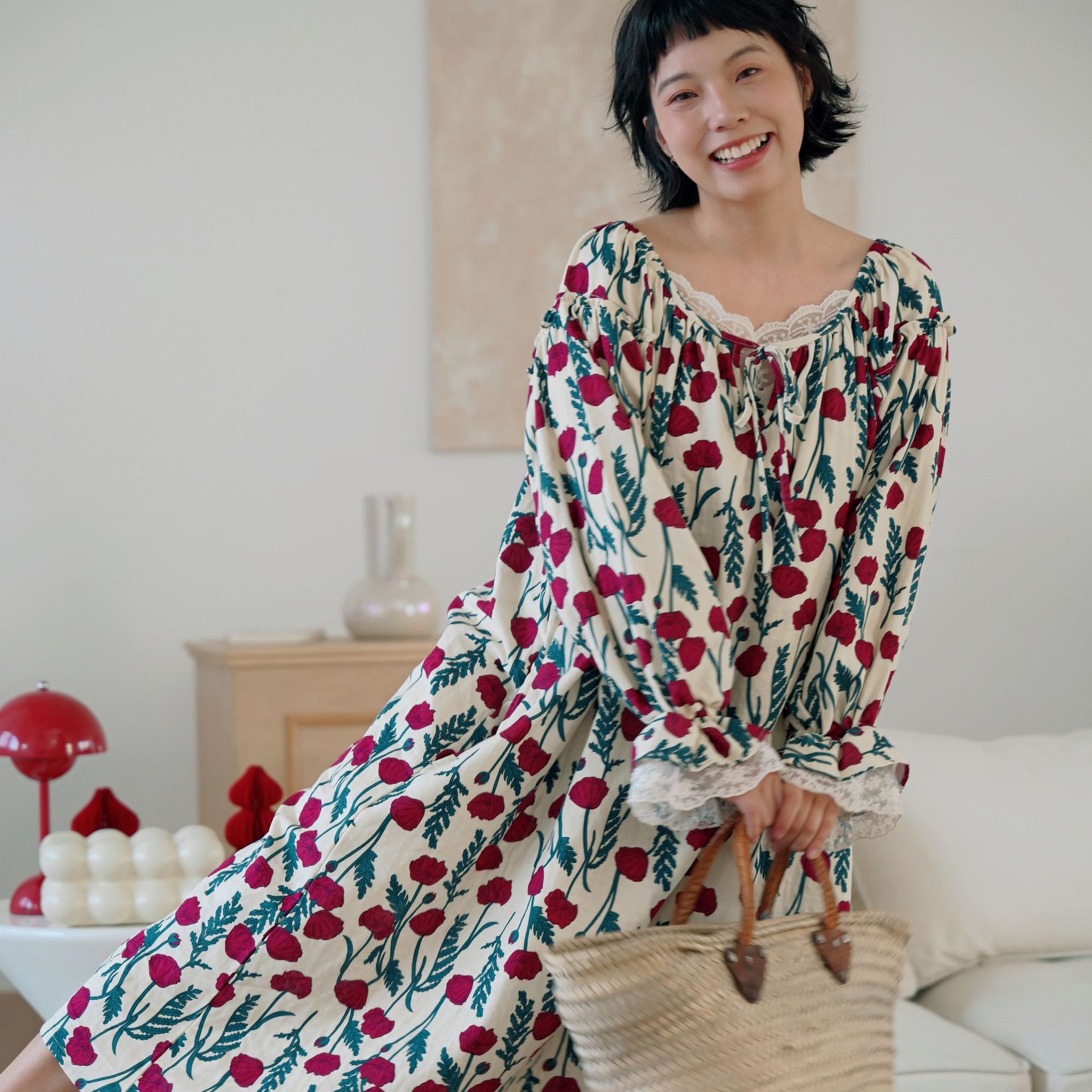 日系cherrykoko慵懒法式蕾丝长袖睡裙春夏女棉宽松睡衣薄款裙子