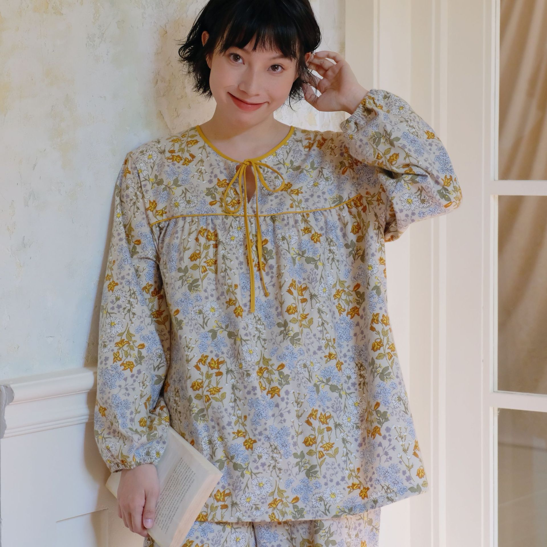 日系cherrykoko森系碎花睡衣秋女长袖宽松圆领全棉磨毛甜美棉
