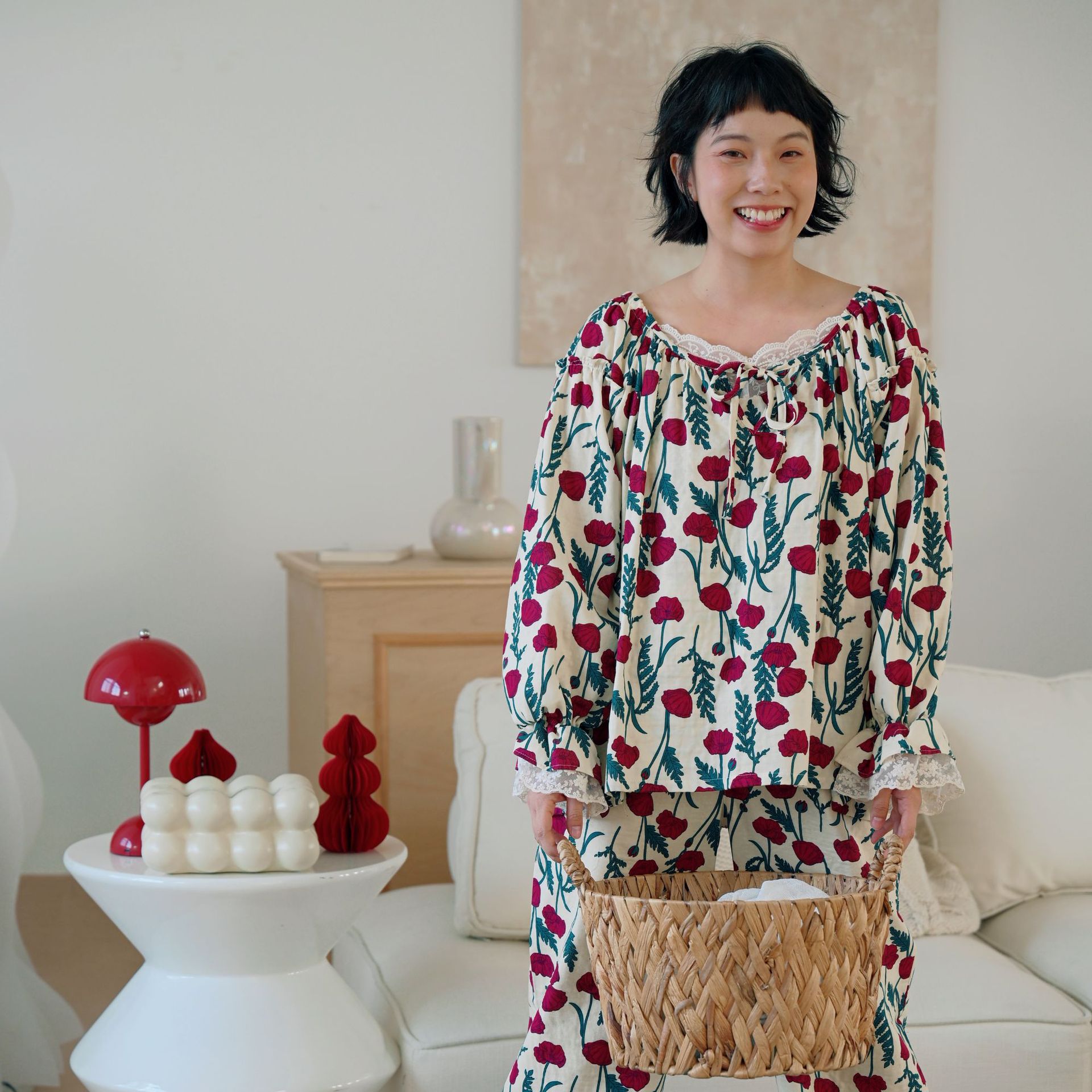 日系cherrykoko法式蕾丝防凸点高级感棉纱睡衣女款春秋长袖棉