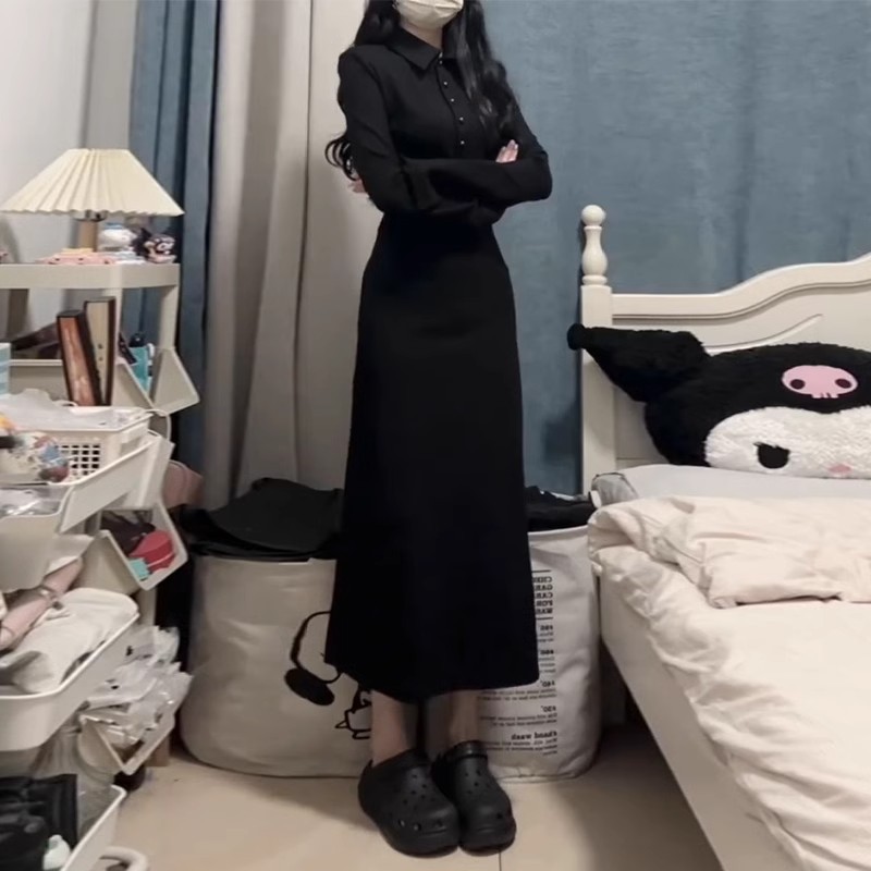 日系cherrykoko黑色法式衬衫连衣裙女年春季长袖收腰修身显瘦