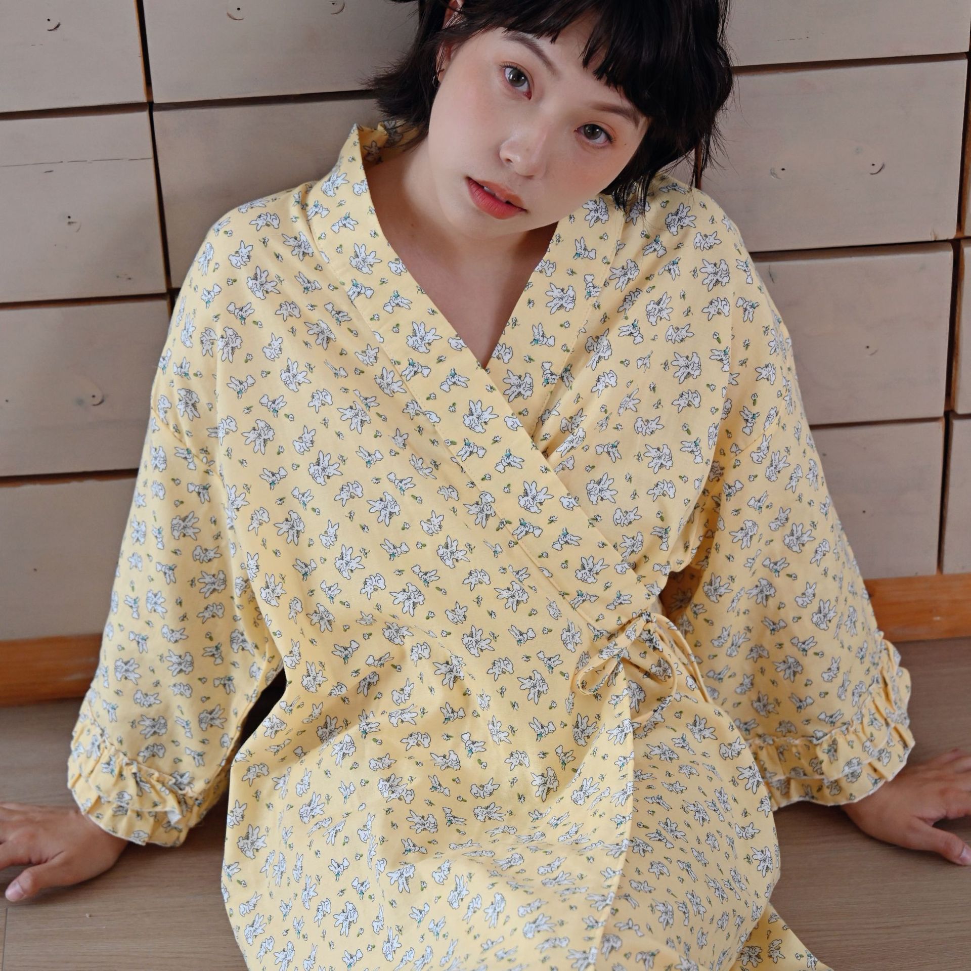 日系cherrykoko新款荷叶边棉纱睡袍女夏全棉系带和服睡衣外袍可外