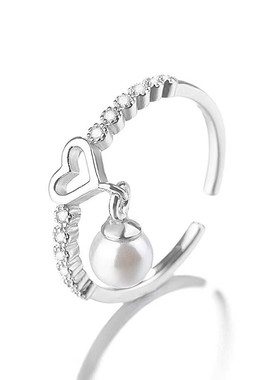 日系coss koko欧美925银爱心珍珠戒指女轻奢小众设计款diy空托