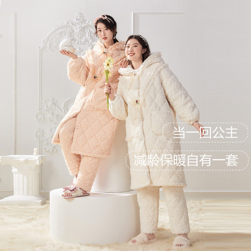 日系CherryKoko冬季珊瑚绒夹棉睡袍女套装加绒加棉三层加厚加长