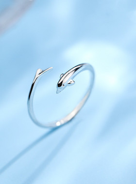 日系coss kokos925银海豚戒指女开口戒小众设计简约时尚百搭个性