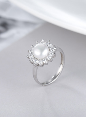 日系coss koko时尚太阳花戒指s925银珍珠开口指环diy空托