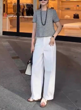 日系coss koko新款时尚黑白格子圆领短袖上衣休闲阔腿裤女