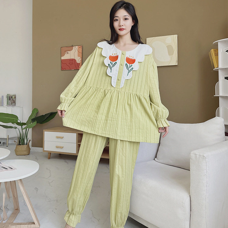 日系cherrykoko秋季大码睡衣女士家居服套装配色花边娃娃领可爱