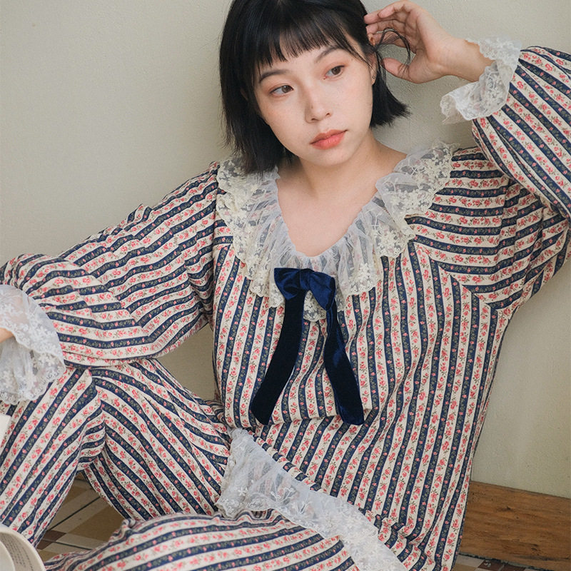 日系cherrykoko法式复古小碎花保暖空气层夹棉睡衣女士秋冬高级感