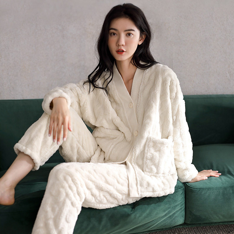 日系CherryKoko青年里睡衣女秋冬款珊瑚绒加绒加厚家居服V领开衫