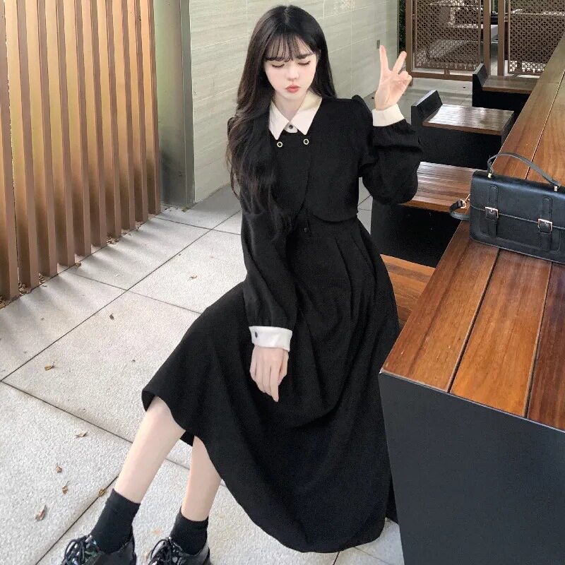 日系cherrykoko秋冬大码假两件法式长袖连衣裙遮肉收腰过膝高级
