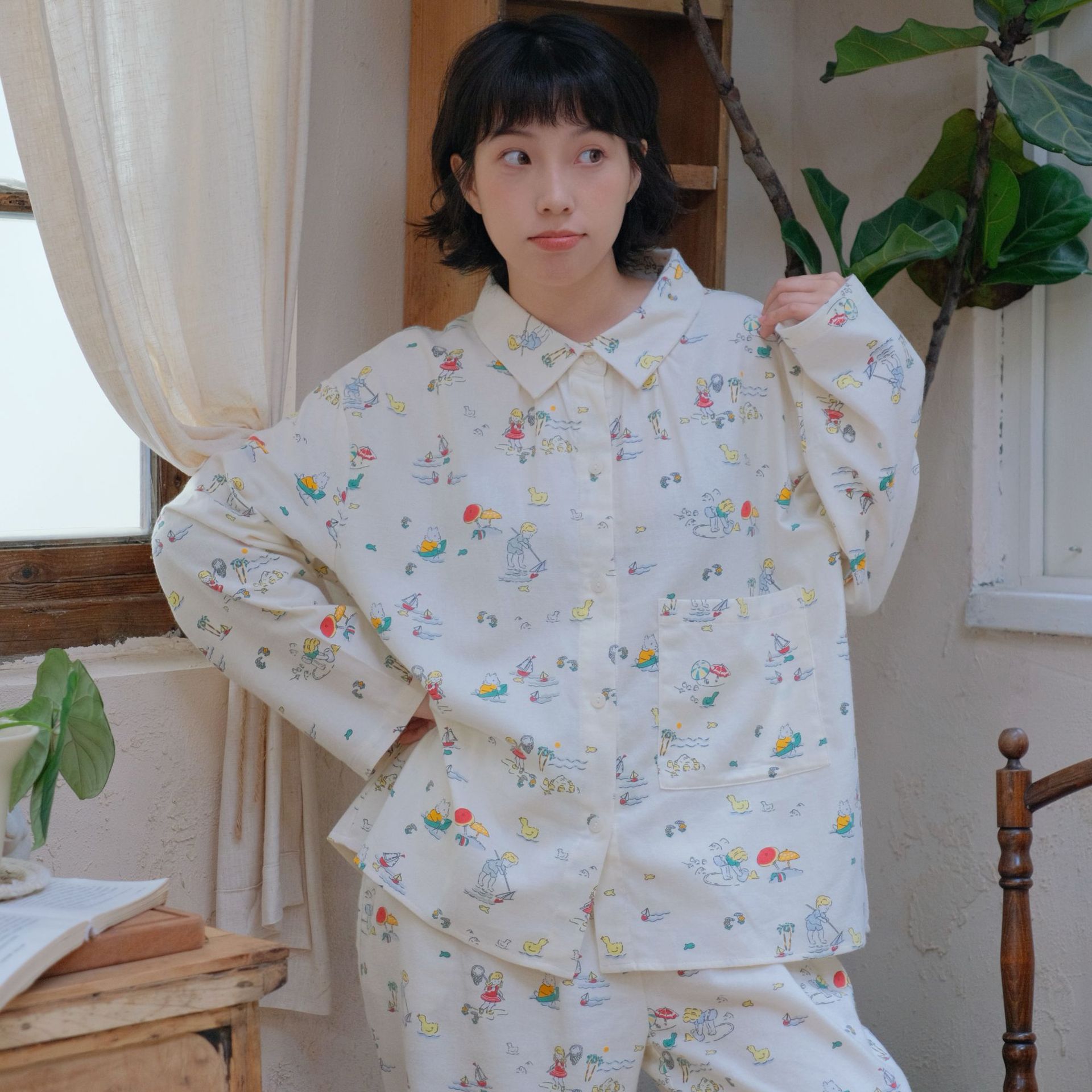 日系cherrykoko24新款日系方领棉睡衣女秋冬长袖保暖套装全棉磨毛
