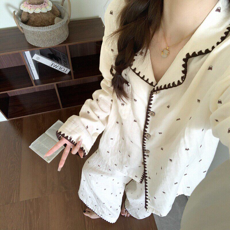 法国gentle motto秋款少女小熊长袖云朵棉睡衣女春秋新款秋季可外