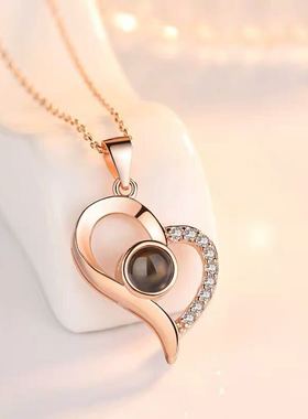 日系coss kokos925银镂空爱心项链女100种语言爱的记忆锁骨吊坠