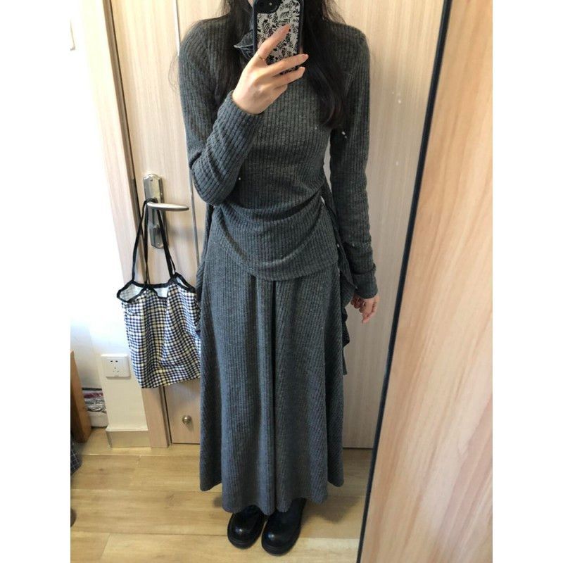 日系cherrykoko小香法式风连衣裙子女秋冬气质灰色内搭针织长裙
