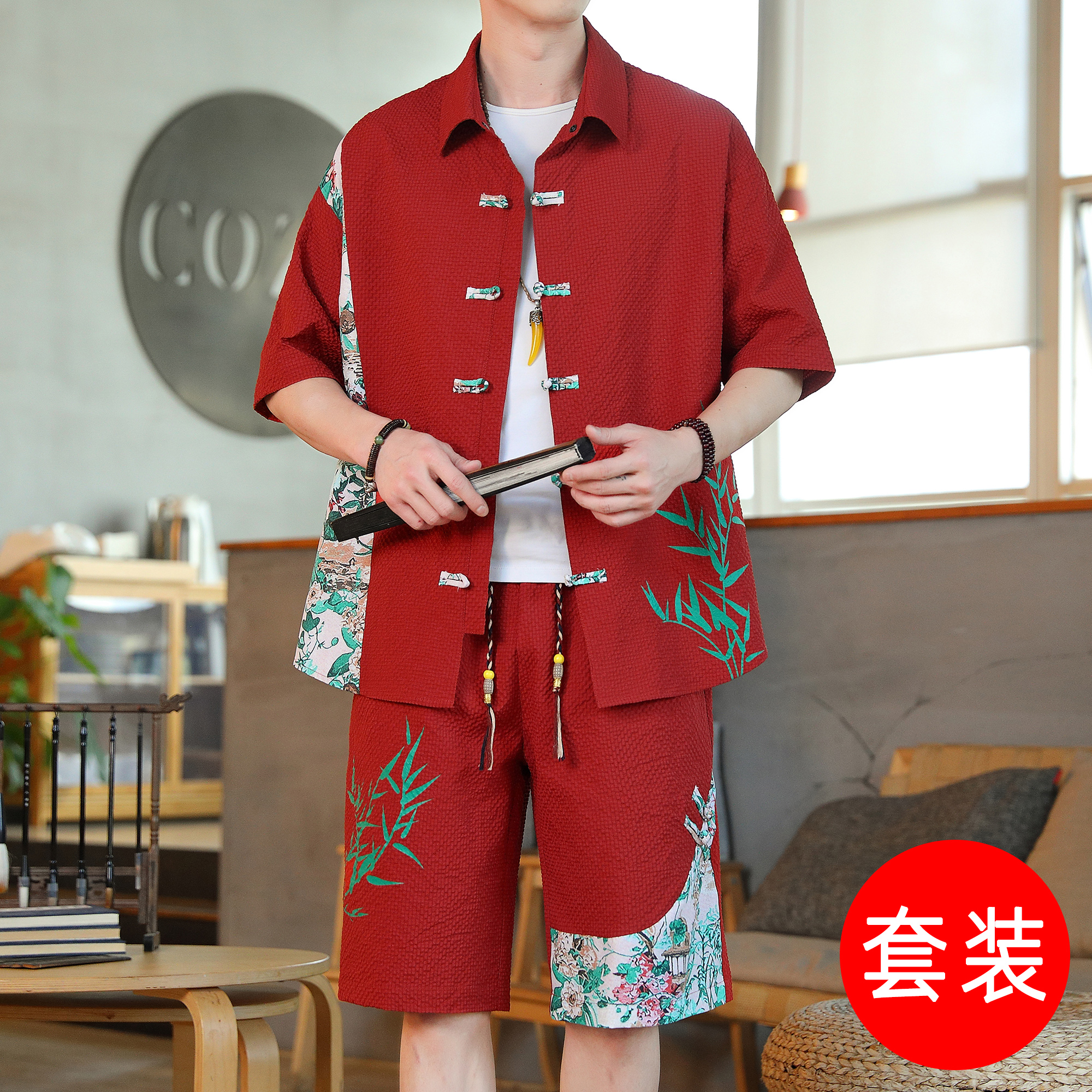 右敬青年短袖夏季中国风套装