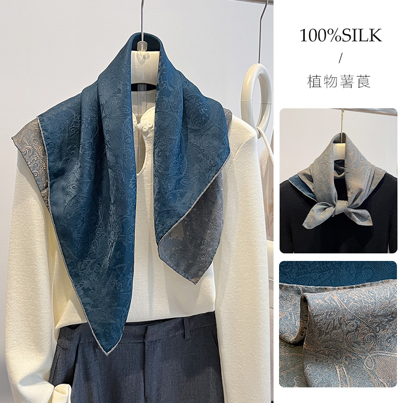 灰蓝色真丝小方巾女秋季薄款丝巾双面植物染围巾高级感三角巾护颈