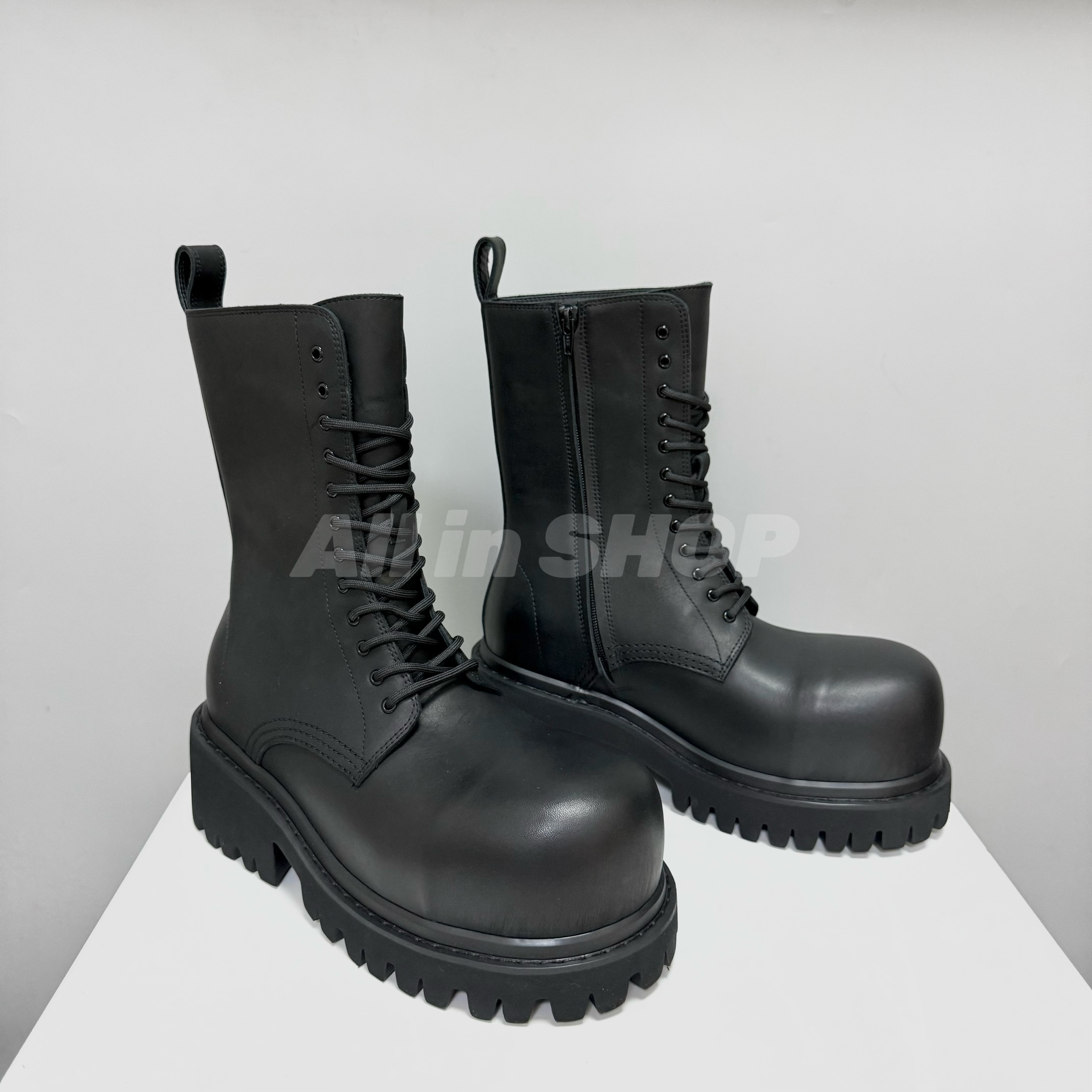 thumbnail for Haute Couture New Toe Boots, Cowhide Martin Boots, 12 Hole Side Zipper Boots, Thick-soled Heightened Men's Round Toe Martin Boots