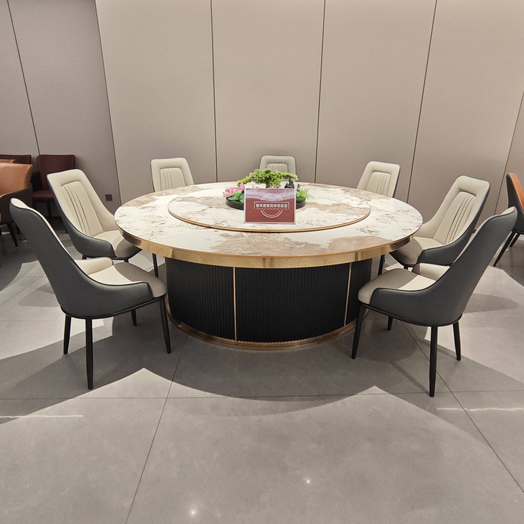 酒店大圆桌电动内嵌岩板转盘饭店餐厅包厢20人隐形电磁炉火锅餐桌