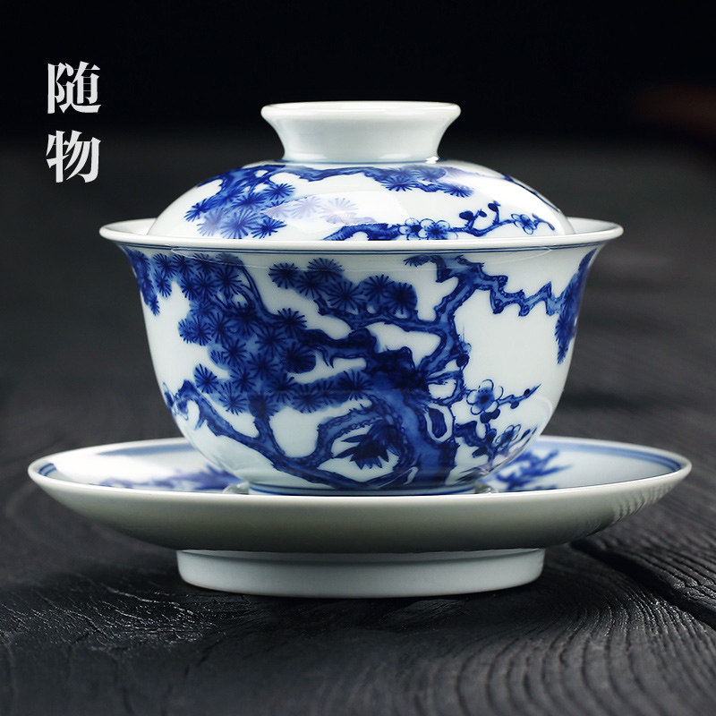 松竹梅青花瓷三才盖碗茶杯三件套景德镇陶瓷功夫泡茶碗茶具不烫手图片