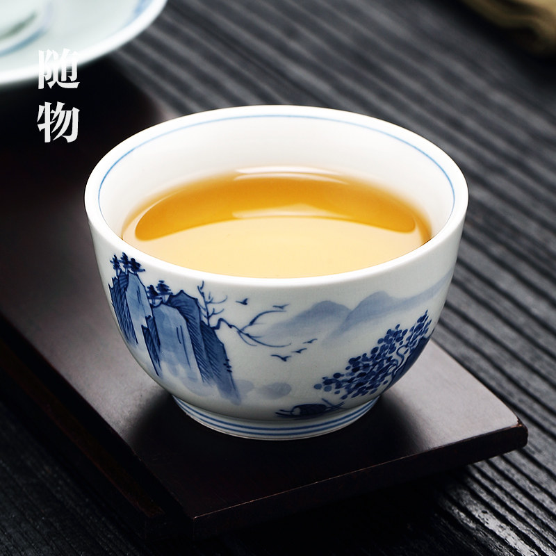 仿古青花瓷主人杯山水茶杯单杯景德镇陶瓷茶碗高档个人专用品茗杯