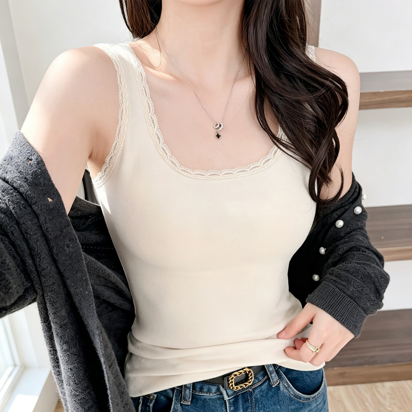 白色背心女2026新款蕾丝方领加绒保暖内搭修身显瘦遮副乳打底上衣