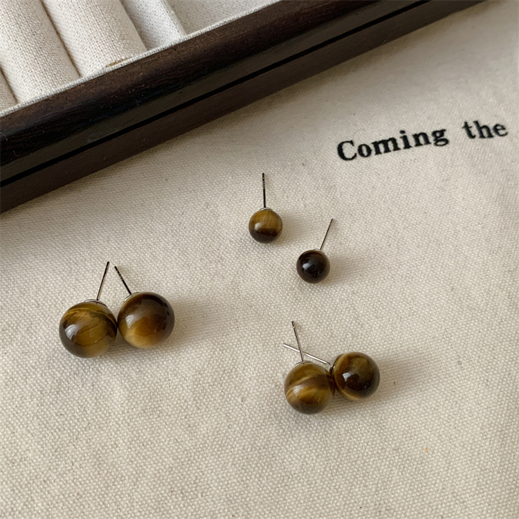 复古小众虎眼石圆球耳钉女