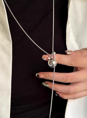 银色长款圆球可抽拉项链女