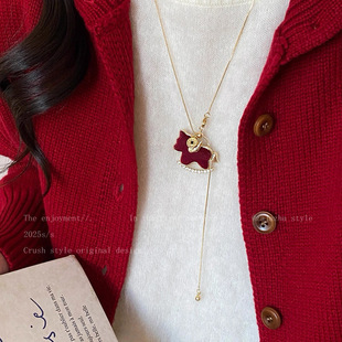 毛衣链配饰 复古高级感长款 马上好运 本命年红色丝绒小马项链女款