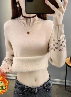 新款2025冬季保暖加绒加厚半高领针织打底衫女100一体绒毛衣外套