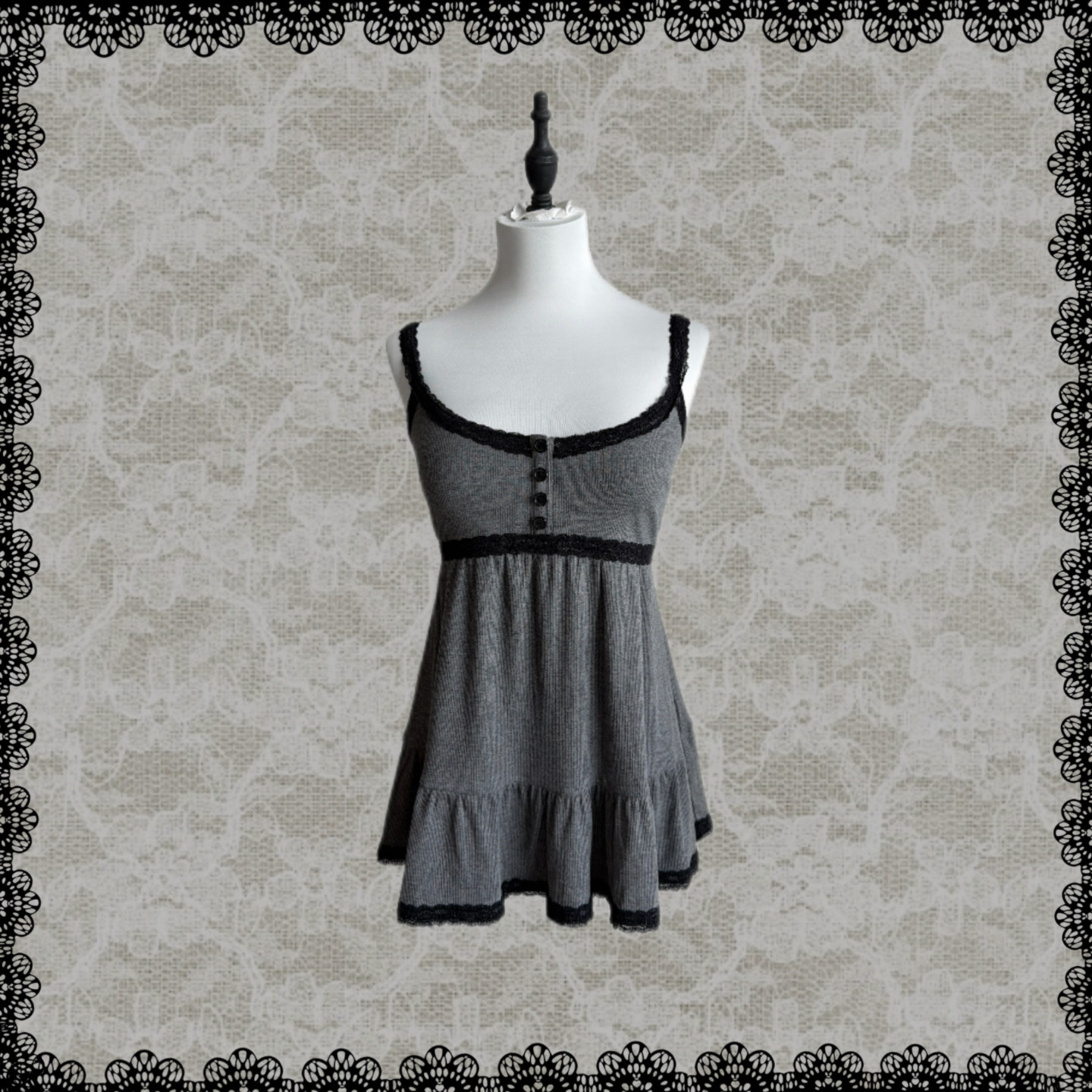 thumbnail for Lace Gray| Baby Doll lace patchwork short low-neck crewneck camisole layered with gray tones