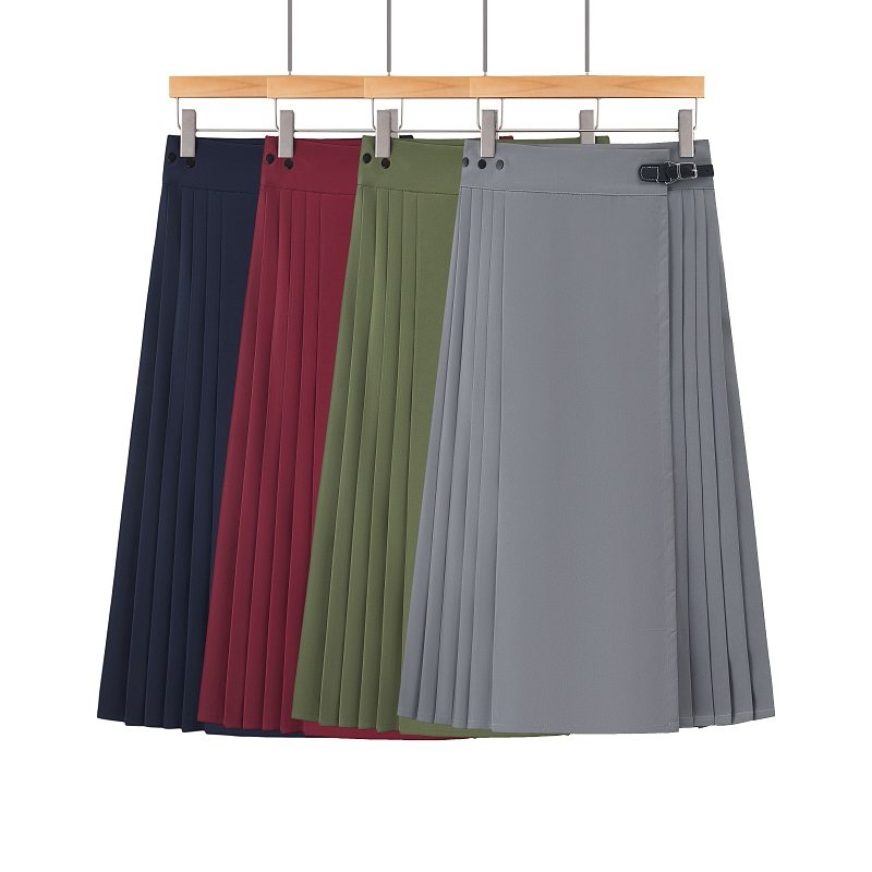 舜华集日常通勤马面裙改良8分中长款梯形春夏纯四色带皮扣带口袋