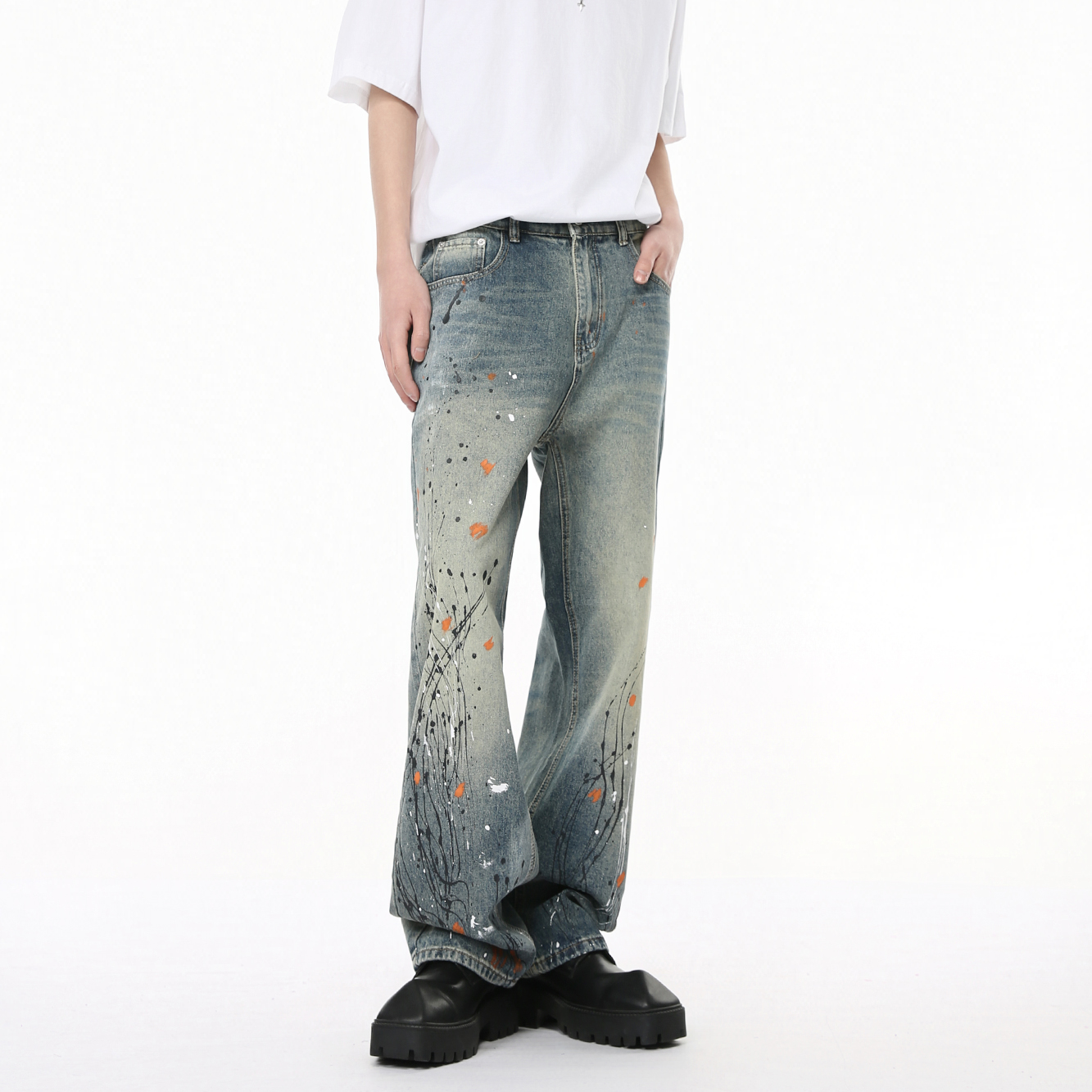 小众设计个性泼墨街头牛仔裤
