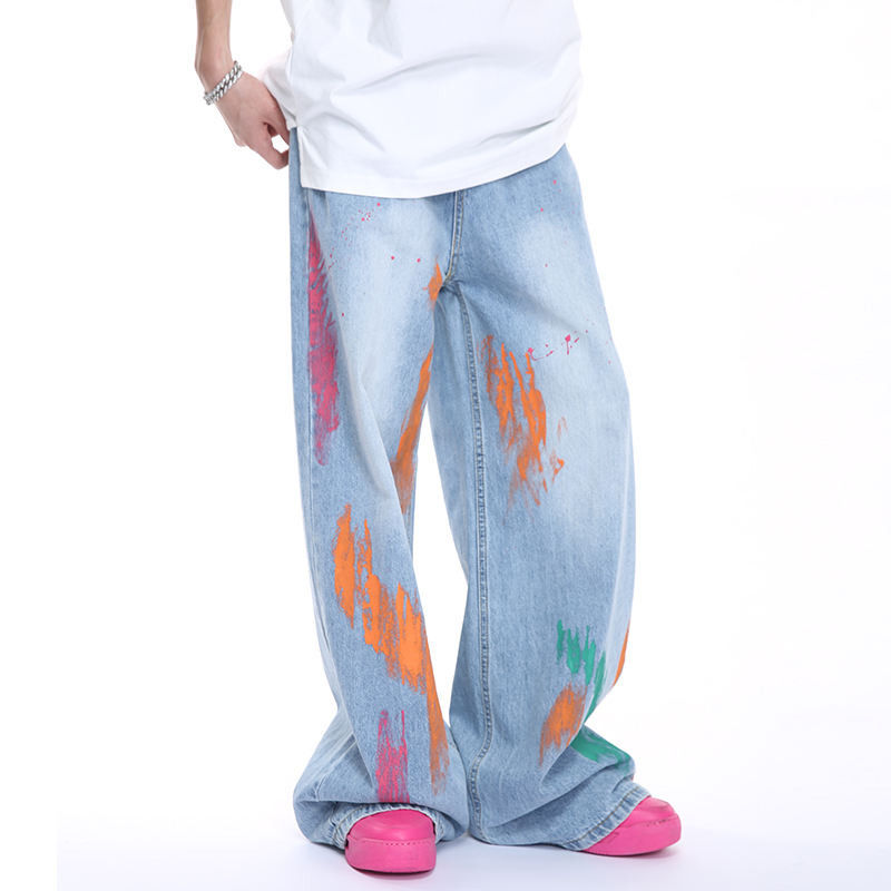 拉链长款涂鸦四季阔腿直筒牛仔裤