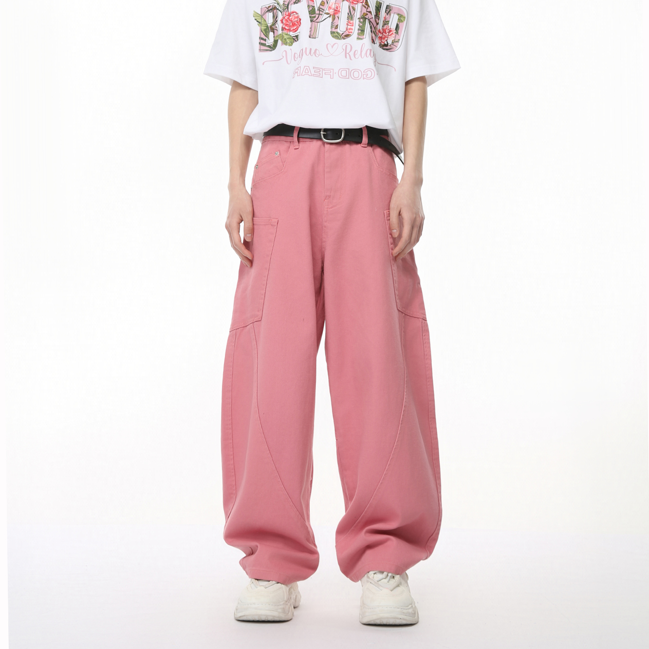 Voguo Relay 新品镰刀弯刀牛仔裤纯色立体裁剪拼接牛仔阔腿裤男女