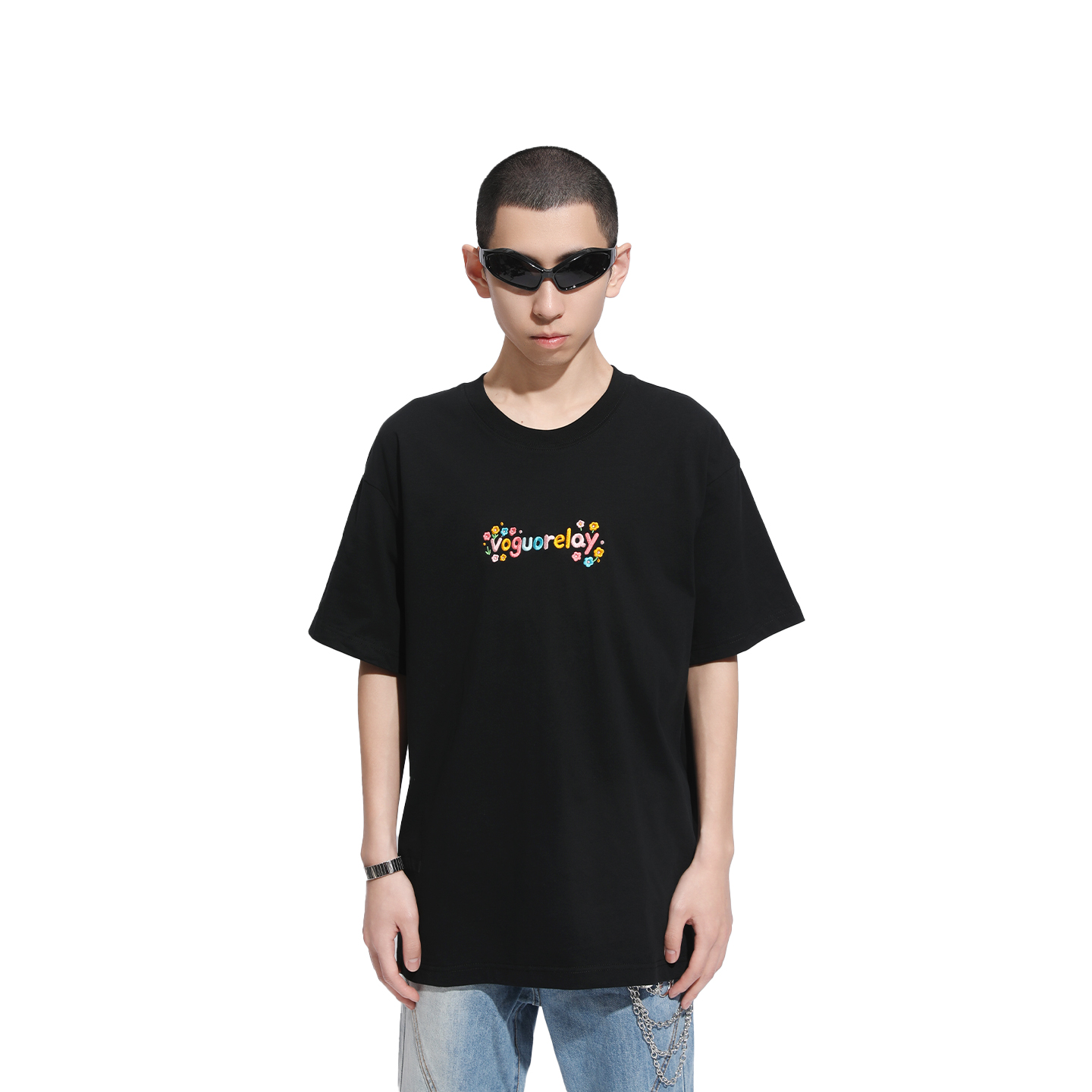 Voguo Relay 彩色logo刺绣圆领休闲宽松纯棉短袖T恤 男女同款