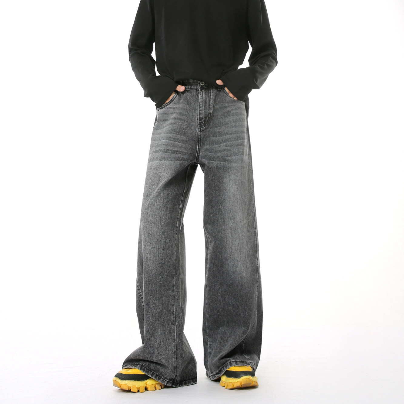 韩版复古水洗灰色牛仔裤