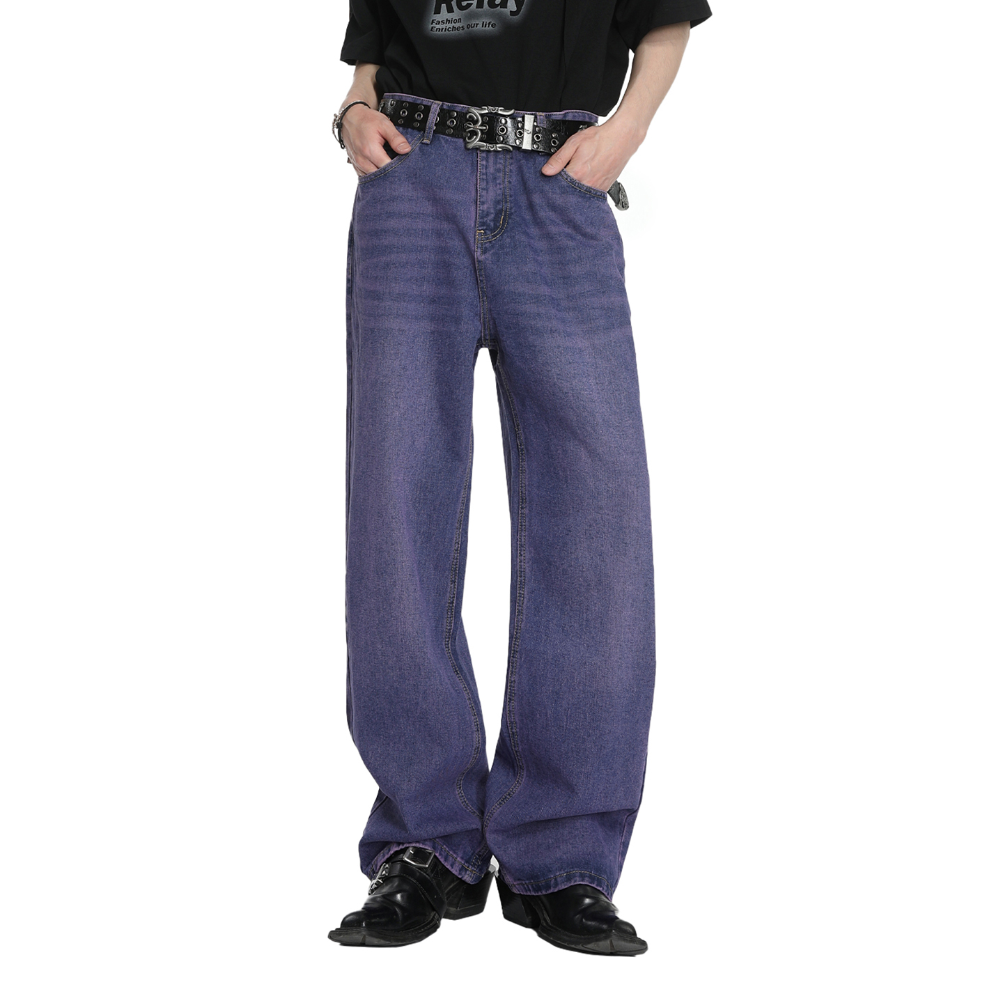 紫色宽松直筒阔腿裤牛仔裤